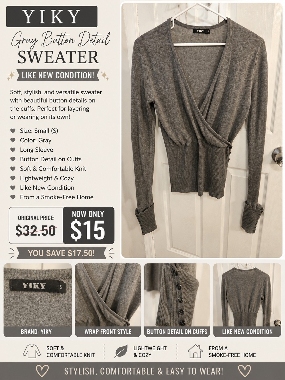 Gray Wrap-Front Button Cuff Sweater